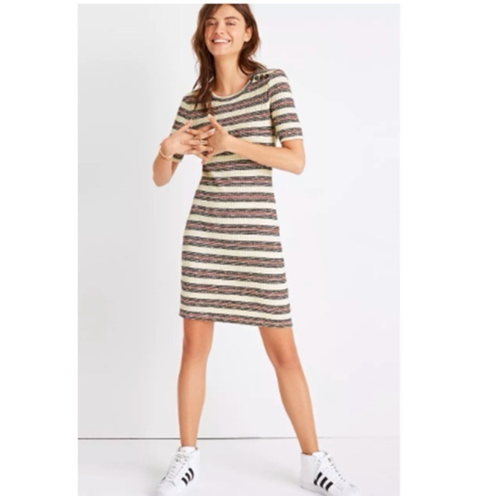 Madewell Short-Sleeve Mini Dress in Lawton Stripe Small Stretch Spandex Red Blue